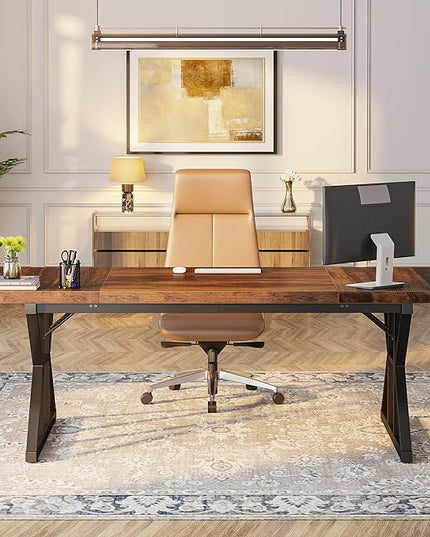 Tribesigns 70.8-Inch Executive Desk, Large Computer Office Desk Workstation, Modern Simple Style Laptop Desk Study Writing Table Business Furniture for Home Office (Brown/Black, 70.8 Inch) - LeafyLoom