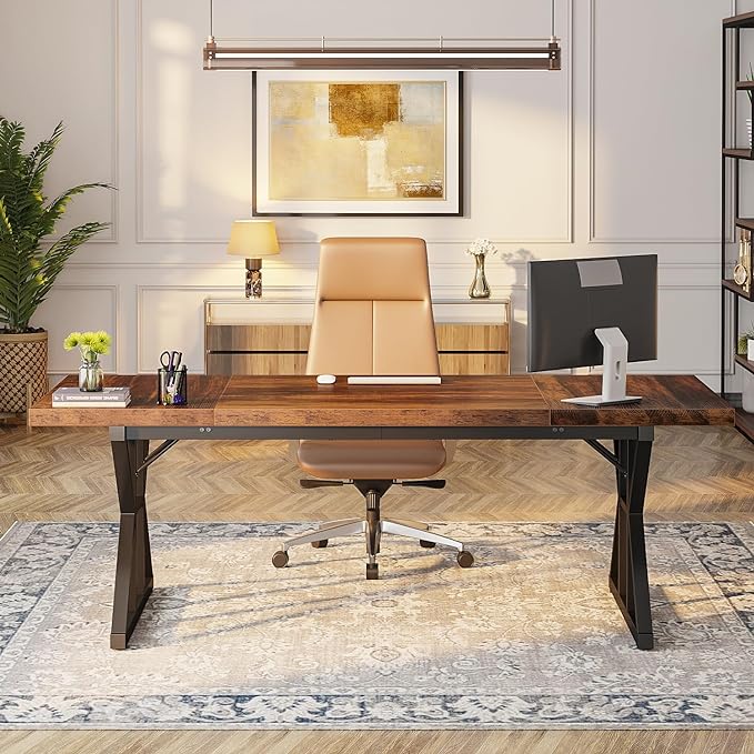 Tribesigns 70.8-Inch Executive Desk, Large Computer Office Desk Workstation, Modern Simple Style Laptop Desk Study Writing Table Business Furniture for Home Office (Brown/Black, 70.8 Inch) - LeafyLoom