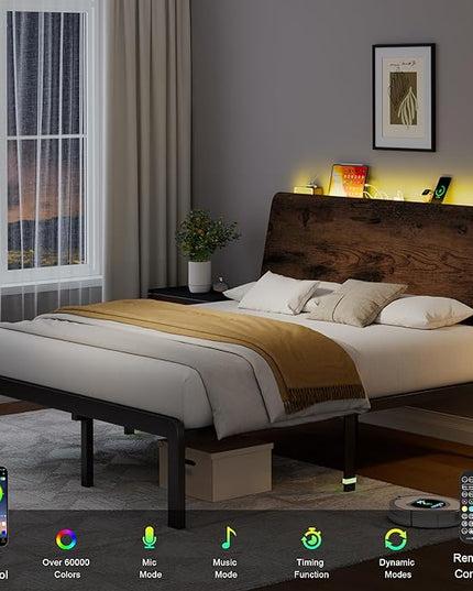 Feonase Full Size Bed Frame with Ergonomic Storage Headboard & Charging Station, LED Platform Bed Frame, Heavy Duty Metal Slats, No Box Spring Needed, Easy Assembly, Rustic - LeafyLoom
