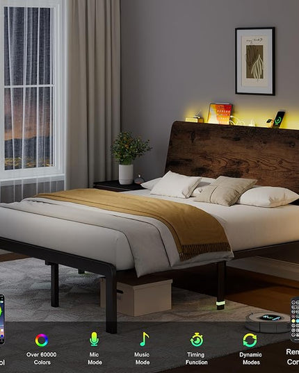 Feonase Queen Size Bed Frame with Ergonomic Storage Headboard & Charging Station, LED Platform Bed Frame, Heavy Duty Metal Slats, No Box Spring Needed, Easy Assembly, Rustic - LeafyLoom