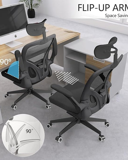 Black Office Chair, Ergonomic Office Chair, Home Office Desk Chair for Big and Tall People, Computer Chair with Adjustable Headrest, Lumbar Support, Flip-Up Arms, PU Wheels - LeafyLoom
