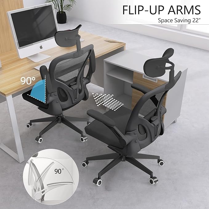 Black Office Chair, Ergonomic Office Chair, Home Office Desk Chair for Big and Tall People, Computer Chair with Adjustable Headrest, Lumbar Support, Flip-Up Arms, PU Wheels - LeafyLoom