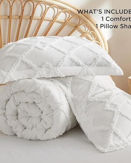 Bedsure Boho Comforter Set Twin - White Tufted Bedding Comforter Set, 2 Pieces Farmhouse Shabby Chic Embroidery Bed Set, Soft Fluffy Geometric Pattern Comforter for All Seasons - LeafyLoom