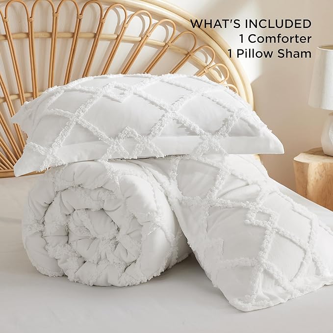 Bedsure Boho Comforter Set Twin - White Tufted Bedding Comforter Set, 2 Pieces Farmhouse Shabby Chic Embroidery Bed Set, Soft Fluffy Geometric Pattern Comforter for All Seasons - LeafyLoom