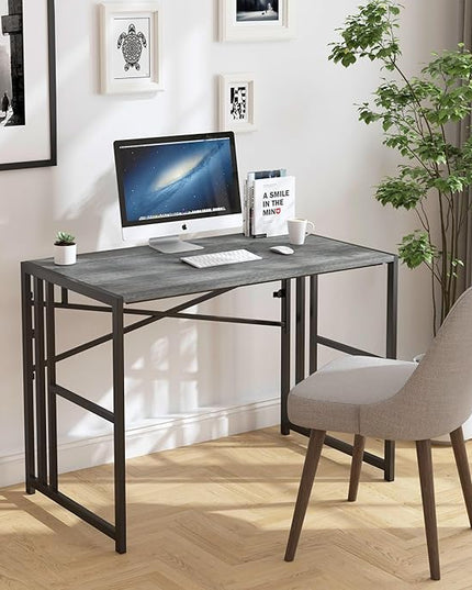 31 Inch Folding Small Computer Desk, Foldable Space-Saving Home Office Table, Simple Study Writing Gaming Workstation for Small Space, No Assembly Needed, Grey Oak - LeafyLoom