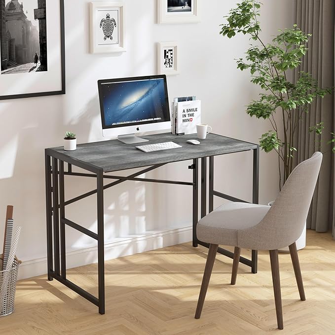 31 Inch Folding Small Computer Desk, Foldable Space-Saving Home Office Table, Simple Study Writing Gaming Workstation for Small Space, No Assembly Needed, Grey Oak - LeafyLoom