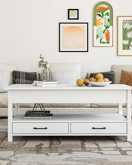 Panana Coffee Table, Lift Top Coffee Table with Hidden Compartment, 2 Drawers and 1 Open Shelf, Retro Central Wooden Table Lift Tabletop for Living Room (White) - LeafyLoom