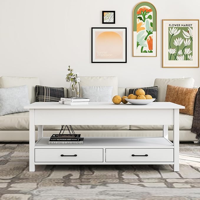 Panana Coffee Table, Lift Top Coffee Table with Hidden Compartment, 2 Drawers and 1 Open Shelf, Retro Central Wooden Table Lift Tabletop for Living Room (White) - LeafyLoom