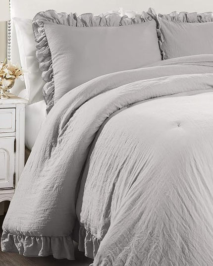 Lush Decor Reyna Ruffle Comforter Set - 3 Piece Cozy Ruffled Bedding Set - Timeless Elegance and Comfort for Bedroom - King, Light Gray - LeafyLoom