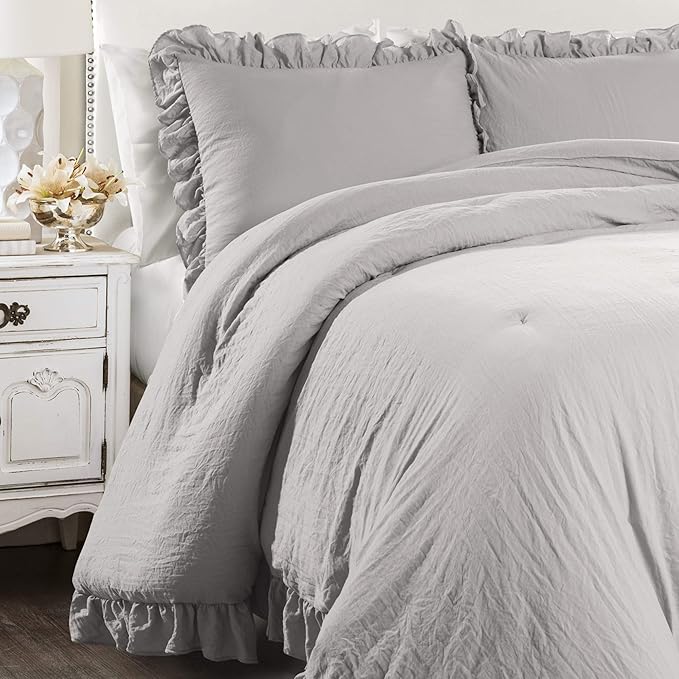 Lush Decor Reyna Ruffle Comforter Set - 3 Piece Cozy Ruffled Bedding Set - Timeless Elegance and Comfort for Bedroom - King, Light Gray - LeafyLoom