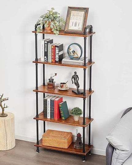 Industrial Bookshelf, Bookcases and Book Shelves 5 Shelf,Pipe Bookshelf, Industrial Pipe Shelving, Pipe Shelves(Rustic Brown, 29.5" L x 11.8" W x 70" H) - LeafyLoom