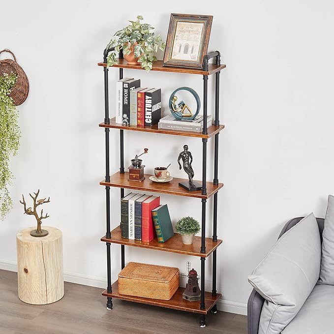 Industrial Bookshelf, Bookcases and Book Shelves 5 Shelf,Pipe Bookshelf, Industrial Pipe Shelving, Pipe Shelves(Rustic Brown, 29.5" L x 11.8" W x 70" H) - LeafyLoom