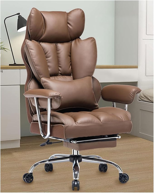 Desk Office Chair 400LBS, Big and Tall Office Chair, PU Leather Computer Chair, Executive Office Chair with Leg Rest and Lumbar Support, Brown Office Chair - LeafyLoom