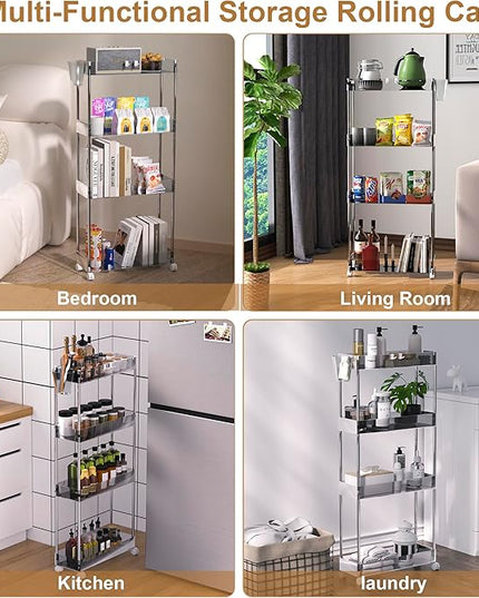 VECELO Acrylic 4-Tier Rolling Storage Cart,Multifunction Slim Utility Clear Cart Kitchen Storage Organizer,Mobile Cart with Lockable Wheels Hooks&Bucket for Home Office,Clear - LeafyLoom