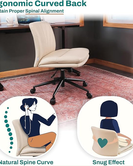 Criss Cross Chair with Wheels - Cross Legged Office Chair, Wide Armless Desk Chair Comfy Swivel Vanity Chair for Home Office, PU Leather - Beige - LeafyLoom