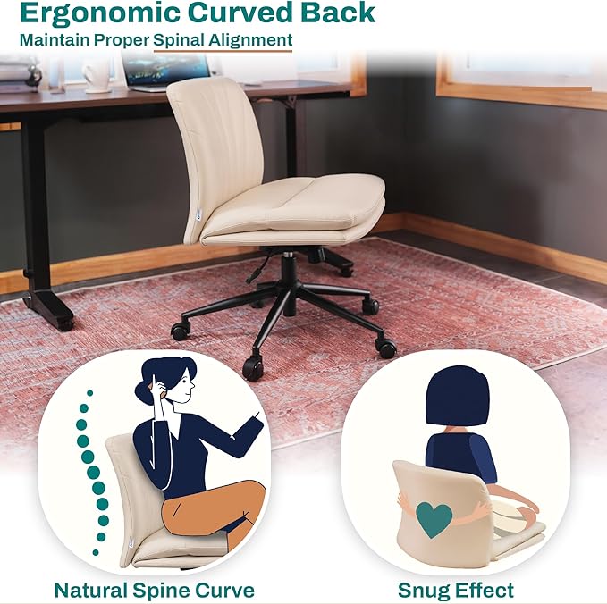 Criss Cross Chair with Wheels - Cross Legged Office Chair, Wide Armless Desk Chair Comfy Swivel Vanity Chair for Home Office, PU Leather - Beige - LeafyLoom