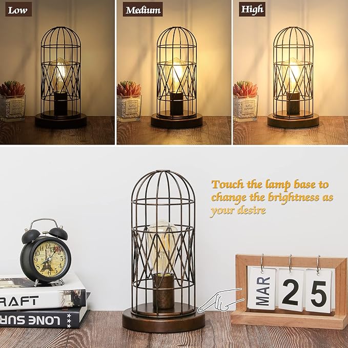 Small Touch Lamp, Industiral Table Lamp with Antique Bronze Cage, 3 Way Dimmable Bedside Lamp Vintage Nightstand Lamp Steampunk Edison Lamp for Bedroom Living Room Kitchen, LED Bulb Included - LeafyLoom