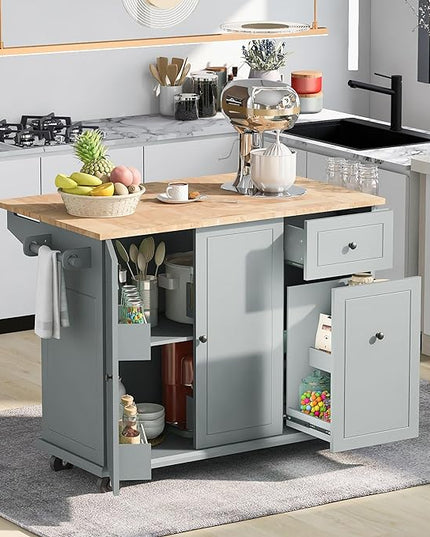 53.9" Drop Leaf, Rolling Island on Wheels w/Drawer and 3-Tier Pull Out Cabinet Organizer, Kitchen Storage Cart with Spice, Towel Rack, Grey Blue, 53.94 Inch - LeafyLoom