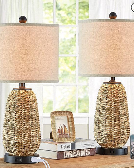 Touch Control Rattan Table Lamps, 3 Way Dimmable Bedside Lamps for Bedroom Set of 2 with 2 USB Ports and AC Outlet, Grass Rope Nightstand Lamps for Living Room Office (2 LED Bulbs Included) - LeafyLoom