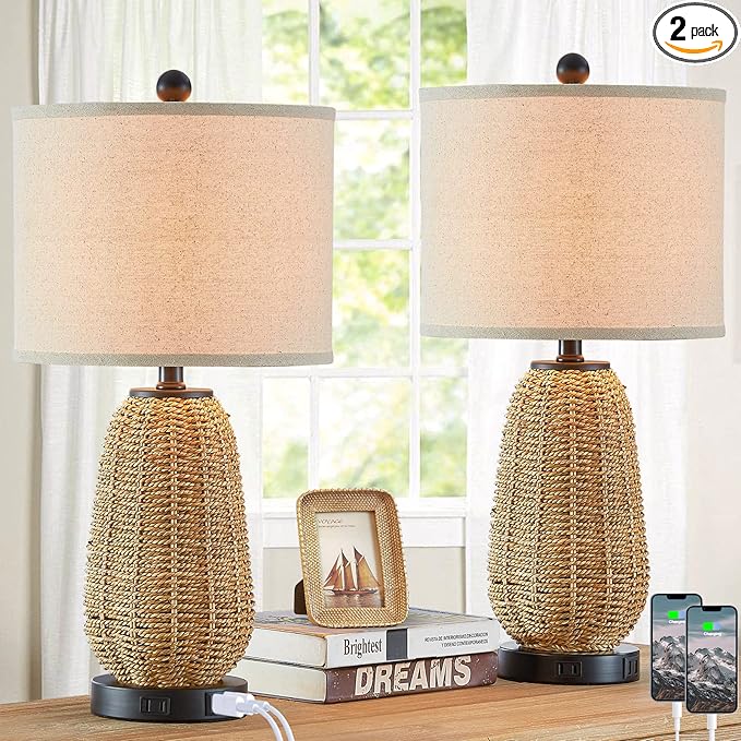 Touch Control Rattan Table Lamps, 3 Way Dimmable Bedside Lamps for Bedroom Set of 2 with 2 USB Ports and AC Outlet, Grass Rope Nightstand Lamps for Living Room Office (2 LED Bulbs Included) - LeafyLoom