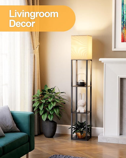 Floor Lamp with Shelves for Living Room, Shelf Floor Lamp with 3 CCT LED Bulb, Corner Display Standing Column Lamp Etagere Organizer Tower Nightstand with White Linen Shade for Bedroom, Office - LeafyLoom