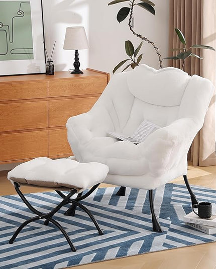 Lazy Chair with Ottoman, Modern Chair with Folding Footrest, Lounge Accent Chair, Comfortable Reading Chair (Plush White) - LeafyLoom
