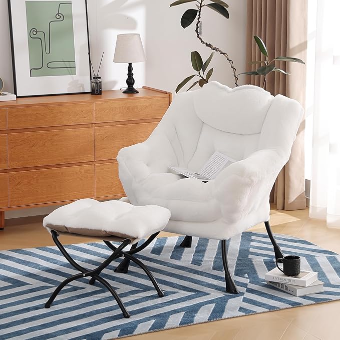 Lazy Chair with Ottoman, Modern Chair with Folding Footrest, Lounge Accent Chair, Comfortable Reading Chair (Plush White) - LeafyLoom