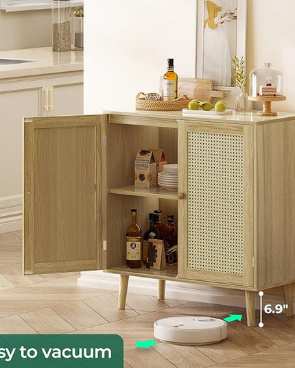 Buffet Cabinet with Storage, Storage Cabinet with PE Rattan Decor Doors, Accent Cabinet with Solid Wood Feet, Sideboard Cabinet for Hallway, Entry, Living Room, Natural - LeafyLoom