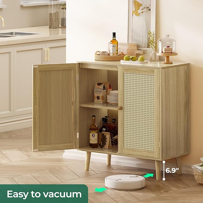 Buffet Cabinet with Storage, Storage Cabinet with PE Rattan Decor Doors, Accent Cabinet with Solid Wood Feet, Sideboard Cabinet for Hallway, Entry, Living Room, Natural - LeafyLoom