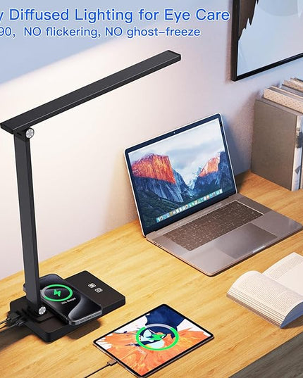 Desk Lamp with Wireless Charger USB Charging Port,LED Desk Lamps for Home Office,Small Table Lamp Study Desk Light,15 Lighting Modes,Morden Desk Lamp for College Dorm Room Essentials(Adapter Included) - LeafyLoom