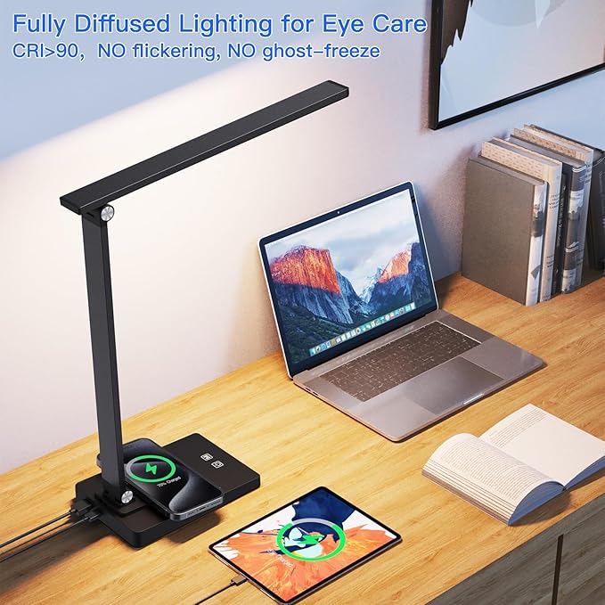 Desk Lamp with Wireless Charger USB Charging Port,LED Desk Lamps for Home Office,Small Table Lamp Study Desk Light,15 Lighting Modes,Morden Desk Lamp for College Dorm Room Essentials(Adapter Included) - LeafyLoom