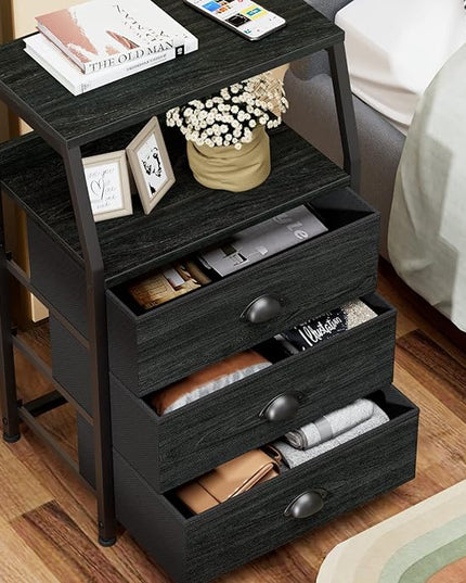 Furnulem Black Dresser for Bedroom, Small Nightstand with 3 Fabric Storage Drawers and 2-Tier Shelf, End Table Side Furniture for Closet, Hallway, Nursery, Sturdy Steel Frame, Wood Top (Black Oak) - LeafyLoom