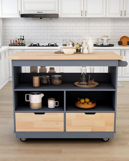 Rolling Storage, Two-sided Kitchen Island Cart on Wheels with Wood Top, Wine and Spice Rack, 2 Drawers, 3 Open Compartments, for Dining Room, Home, Grey Blue, 46 Inch - LeafyLoom