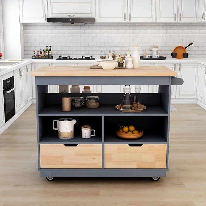 Rolling Storage, Two-sided Kitchen Island Cart on Wheels with Wood Top, Wine and Spice Rack, 2 Drawers, 3 Open Compartments, for Dining Room, Home, Grey Blue, 46 Inch - LeafyLoom