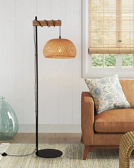 Industrial Tall Floor Lamp for Living Room Bamboo Lampshade, Black Lights Fixtures with Cord On/Off Switch E26 Base Industrial Modern Wire Wood Decoration Standing Lamp for Bedroom (No Bulb) - LeafyLoom