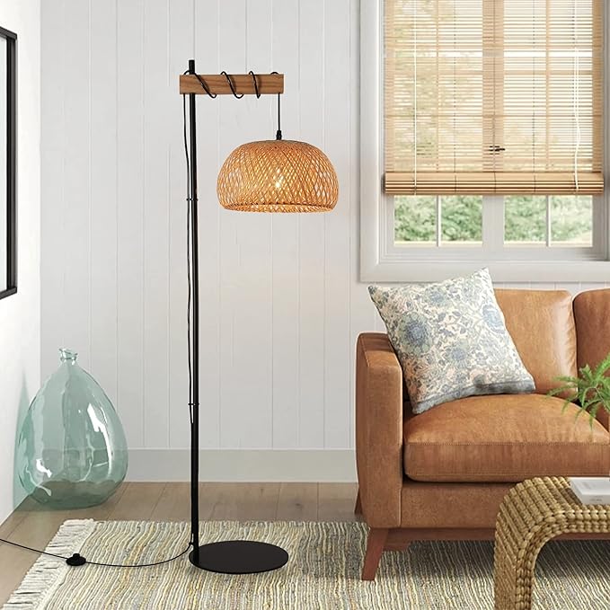 Industrial Tall Floor Lamp for Living Room Bamboo Lampshade, Black Lights Fixtures with Cord On/Off Switch E26 Base Industrial Modern Wire Wood Decoration Standing Lamp for Bedroom (No Bulb) - LeafyLoom