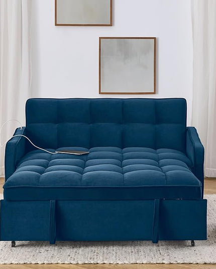 Functional Love Seat Sofabed W/TypeC & USB Port and Copper Nail Decor, Modern Loveseat Sofa Convertible Pull Out Sleeper Couch Bed for Apartment Office Living Room, 53.", Blue-1413 - LeafyLoom