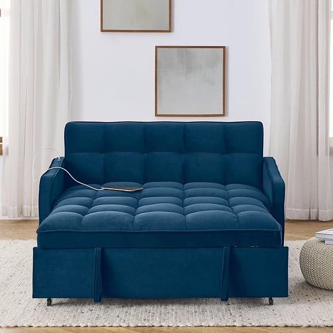 Functional Love Seat Sofabed W/TypeC & USB Port and Copper Nail Decor, Modern Loveseat Sofa Convertible Pull Out Sleeper Couch Bed for Apartment Office Living Room, 53.", Blue-1413 - LeafyLoom
