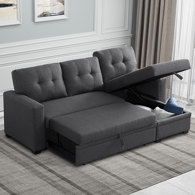 ROOMTEC 82" L-Shaped 3-Seaters Corner Sectional Sofa W/Pull Out Sleeper Couch Bed with Storage Chaise Left/Right Freely Convertible for Home Office Apartment Living Room Dorm - LeafyLoom