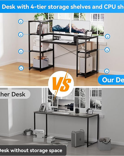 63-Inch Home Office Desk with Storage Shelves, Gaming Computer Desk with Monitor Stand and Printer Shelf for Study, Writing, PC Work - LeafyLoom
