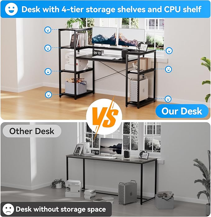 63-Inch Home Office Desk with Storage Shelves, Gaming Computer Desk with Monitor Stand and Printer Shelf for Study, Writing, PC Work - LeafyLoom
