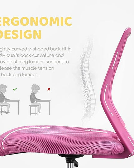 Yaheetech Students Cute Desk Chair Low-Back Armless Study Chair w/Lumbar Support Adjustable Swivel Chair in Home Bedroom School, Rose Red - LeafyLoom