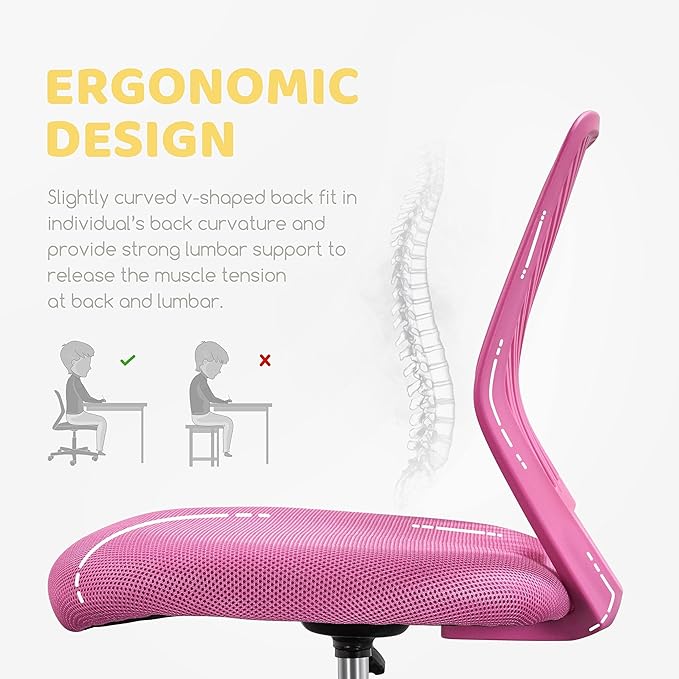 Yaheetech Students Cute Desk Chair Low-Back Armless Study Chair w/Lumbar Support Adjustable Swivel Chair in Home Bedroom School, Rose Red - LeafyLoom