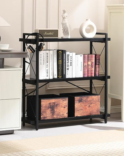 HCHQHS Bookshelf, 3-Tier Industrial Bookcase, Black Open Book Shelf, Freestanding Horizontal Bookshelves with Metal Frame - LeafyLoom