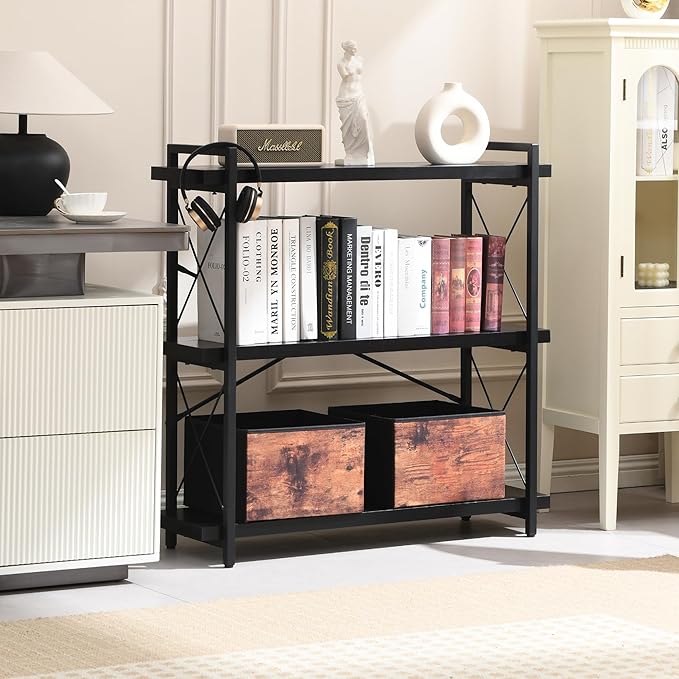 HCHQHS Bookshelf, 3-Tier Industrial Bookcase, Black Open Book Shelf, Freestanding Horizontal Bookshelves with Metal Frame - LeafyLoom