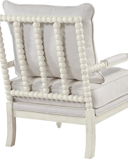 OSP Home Furnishings Kaylee Spindle Accent Chair with Antique Wood Frame, 26.5” W x 32.25” D x 37” H, White Linen Fabric - LeafyLoom
