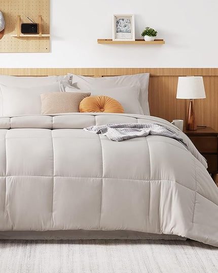 Bedsure Beige Queen Comforter Set - 7 Pieces Solid Queen Bed in a Bag, Queen Bed Set Beige with Comforters, Sheets, Pillowcases & Shams - LeafyLoom