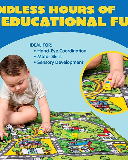 JOYIN Carpet Playmat w/ 12 Cars Pull-Back Vehicle Set for Kids Age 3+, Jumbo Play Room Rug, City Pretend Play - LeafyLoom