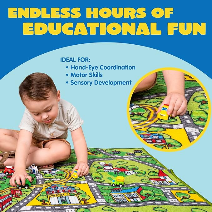 JOYIN Carpet Playmat w/ 12 Cars Pull-Back Vehicle Set for Kids Age 3+, Jumbo Play Room Rug, City Pretend Play - LeafyLoom