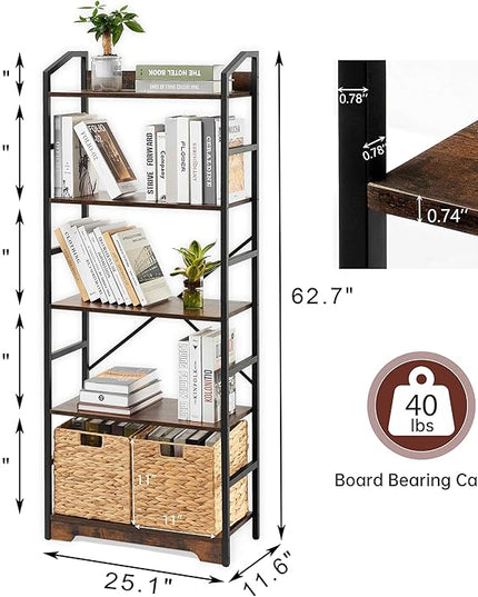 Vagusicc 5 Tier Bookshelf with 2 Storage Baskets, Tall Bookcase Shelf Storage Organizer Wood Book Shelf, Modern Shelf Rack Shelves with Steel Frame, Multipurpose Bookshelf for Bedroom Living Room - LeafyLoom